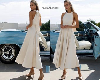 Beige Midi Wedding Dress, Minimalist Bridal Look for Civil Ceremony, Elegant Open Back Dress with Voluminous Circle Skirt