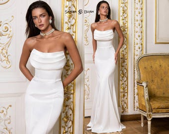 White Bridal Gown Women, Luxury Wedding Dress, Elegant Satin Bridal Dress, Strapless Wedding Gown, Modern Bride Reception Dress