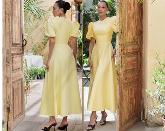Yellow Midi Dress, Summer Wedding Guest Dress, Yellow Puff Sleeve Dress, Garden Party Outfit, Modest Yellow Dress, Elegant Occasion Dress