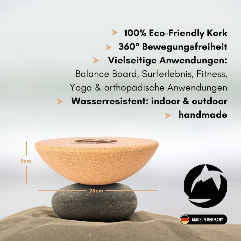 Detailansicht der Hillseye Kork Halbkugel mit Produktinfos, umweltfreundliches Balance-Tool
