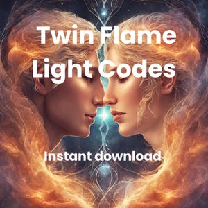 Könnte beinhalten: Digitales Kunstwerk mit zwei Frauen, die sich gegenüberstehen, mit dem Text "Twin Flame Light Codes" und "Instant download". Das Bild hat ein himmlisches Thema mit warmen, goldenen Tönen und einem blauen Hintergrund.