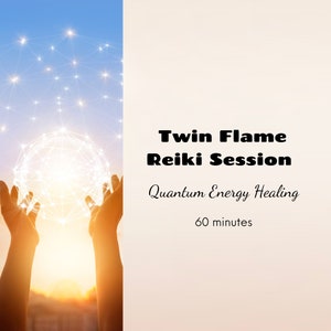 Puede incluir: Imagen con el texto "Twin Flame Reiki Session" y "Quantum Energy Healing". La imagen muestra manos extendidas hacia una esfera brillante con una red de puntos conectados, sobre un fondo de puesta de sol.