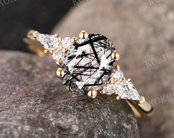 Natural Black Rutile Quartz engagement ring Oval vintage 14K gold Ring unique Cluster diamond wedding ring bridal ring Promise Anniversary