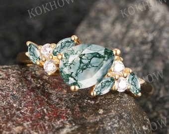 Moss Agate engagement ring Pear Yellow gold Ring unique Cluster Marquise diamond moissanite wedding ring Promise ring For Women Anniversary