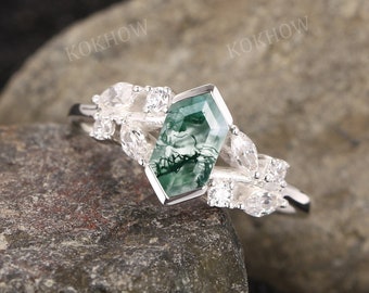 Moss Agate engagement ring Hexagon Art Deco solid gold Ring unique Nature Inspired leaf Ring Marquise moissanite wedding ring Promise ring