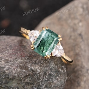 Moss Agate engagement ring Emerald cut unique rose gold Ring Art Deco Triangle Three stone ring Cluster moissanite wedding ring Promise ring