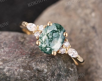 Moss Agate engagement ring Oval cut unique solid gold Ring vintage Cluster Marquise diamond moissanite wedding ring Promise ring Anniversary