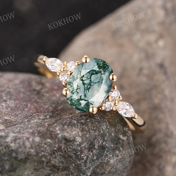 Moss Agate engagement ring Oval cut unique solid gold Ring vintage Cluster Marquise diamond moissanite wedding ring Promise ring Anniversary