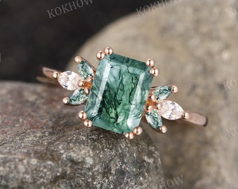 Moss Agate engagement ring unique emerald cut rose gold Ring vintage Cluster Marquise diamond moissanite wedding ring bridal Promise ring