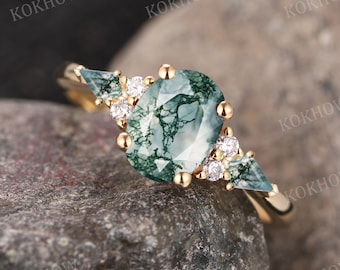 Moss Agate engagement ring Oval vintage solid gold Ring unique Cluster kite cut green Agate moissanite wedding ring bridal ring Anniversary