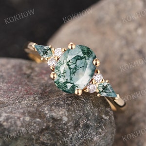 Moss Agate engagement ring Oval vintage solid gold Ring unique Cluster kite cut green Agate moissanite wedding ring bridal ring Anniversary