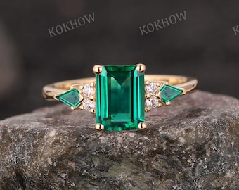Vintage emerald engagement ring emerald cut solid gold Ring unique Cluster kite green emerald moissanite wedding ring bridal ring for women