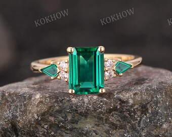 Vintage emerald engagement ring emerald cut solid gold Ring unique Cluster kite green emerald moissanite wedding ring bridal ring for women