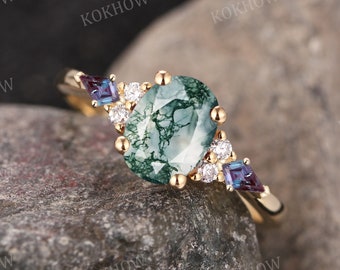 Moss Agate engagement ring Oval vintage solid gold Ring unique Cluster kite cut Alexandrite moissanite wedding ring bridal ring Anniversary