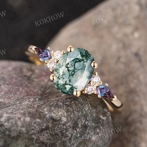 Moss Agate engagement ring Oval vintage solid gold Ring unique Cluster kite cut Alexandrite moissanite wedding ring bridal ring Anniversary