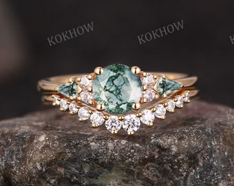Unique Round Moss Agate engagement ring Set vintage 14k gold Wedding Ring Set Cluster green Agate Diamond bridal ring Set Women Anniversary