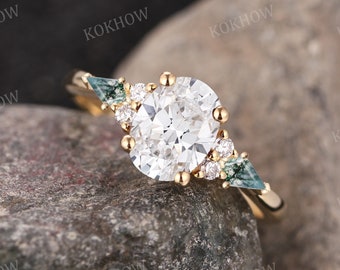 Oval Moissanite engagement ring vintage 14k solid gold Ring unique Cluster kite cut green Agate Diamond wedding ring bridal ring Anniversary