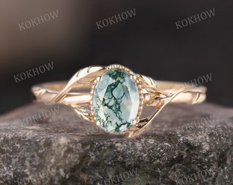 Moss Agate engagement ring Oval Cut unique 14K gold leaf Ring Art Deco nature inspired ring Moissanite wedding ring bridal Promise ring Gift