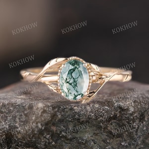 Moss Agate engagement ring Oval Cut unique 14K gold leaf Ring Art Deco nature inspired ring Moissanite wedding ring bridal Promise ring Gift