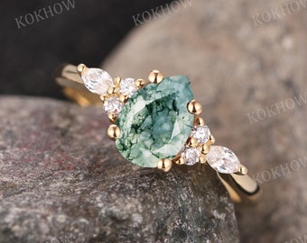 Pear cut Moss Agate engagement ring Art Deco solid gold Ring unique Cluster Marquise moissanite wedding ring bridal Promise ring Anniversary