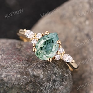Pear cut Moss Agate engagement ring Art Deco solid gold Ring unique Cluster Marquise moissanite wedding ring bridal Promise ring Anniversary