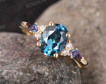 London blue Topaz engagement ring Oval vintage 14k solid gold Ring unique Cluster kite cut Alexandrite moissanite wedding ring Promise ring