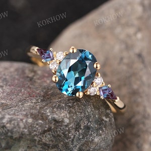 Anillo de compromiso de topacio azul de Londres Oval vintage 14k oro sólido Anillo único Cluster kite corte Alexandrite moissanite anillo de boda Anillo de promesa