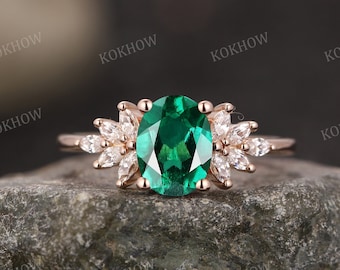 Oval cut Emerald engagement ring unique rose gold Ring art deco Cluster Marquise diamond moissanite wedding ring Bridal Promise ring for her
