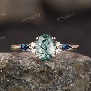 Oval cut Moss Agate engagement ring art deco solid gold Ring unique Cluster Marquise Alexandrite moissanite wedding ring bridal Promise ring