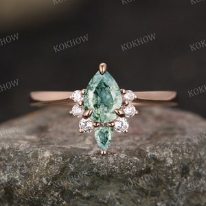 Natural Moss Agate engagement ring Rose gold vintage 1ct Pear cut three prong bridal Ring unique Cluster dainty diamond wedding ring Promise