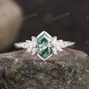 Moosachat Verlobungsring Hexagon Art Deco massiv Gold Ring einzigartig Cluster Marquise Moissanite Ehering Braut Versprechen Ring für Frauen