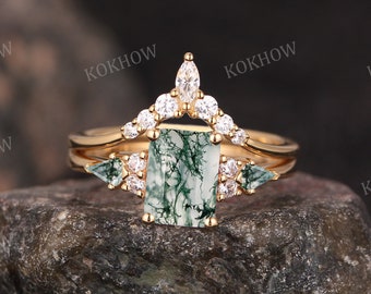 Vintage emerald cut Moss Agate Wedding Ring Set Unique 14K gold engagement ring Set Cluster green Agate Diamond bridal ring Set Anniversary