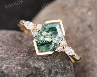 Hexagon Cut Moss Agate engagement ring Art Deco 14K gold Ring unique Cluster Marquise diamond moissanite wedding ring Promise ring For Women