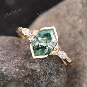 Hexagon Cut Moss Agate engagement ring Art Deco 14K gold Ring unique Cluster Marquise diamond moissanite wedding ring Promise ring For Women