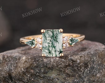 Vintage Moss Agate engagement ring emerald cut solid gold Ring unique Cluster kite green Agate moissanite wedding ring bridal ring for women