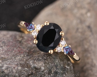 Black Onyx engagement ring Oval vintage solid gold Ring unique Cluster kite cut alexandrite moissanite wedding ring bridal ring Anniversary