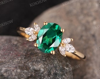 Emerald engagement ring Oval unique solid gold Ring vintage Cluster Marquise diamond moissanite wedding ring Bridal Promise ring Anniversary