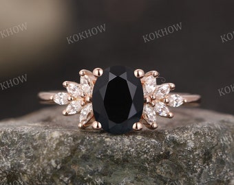Black Onyx engagement ring Oval unique solid rose gold Ring vintage Cluster Marquise moissanite wedding ring Bridal Promise ring for women