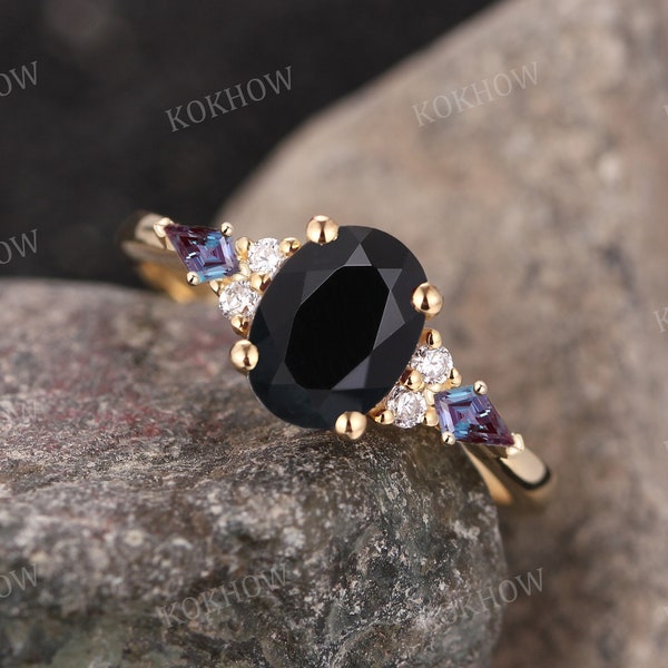 Black Onyx engagement ring Oval vintage solid gold Ring unique Cluster kite cut alexandrite moissanite wedding ring bridal ring Anniversary