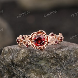 Vintage Garnet engagement ring unique round cut Rose gold flower leaf Ring Red Garnet wedding ring bridal Promise ring for women Anniversary