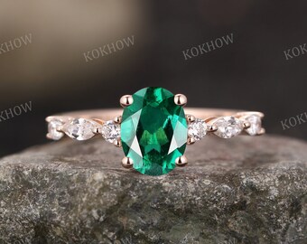 Emerald engagement ring Oval art deco solid rose gold Ring vintage Cluster Marquise moissanite wedding ring Promise Bridal ring Anniversary