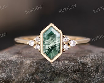 Moss Agate engagement ring Hexagon cut Art Deco 14K gold Ring unique moissanite Cluster Ring wedding ring Promise ring For Women Anniversary