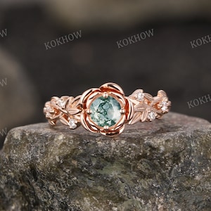 Moos Achat Verlobungsring Unikat Blume Blatt Ring Vintage rund massiv Gold Ring Natur inspiriert Ring Ehering Brautring Jubiläum