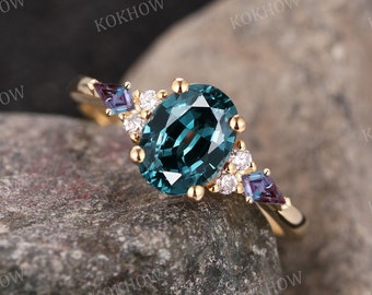 Vintage Teal Sapphire Engagement Ring Unique Oval Solid 14k Gold ring Blue Green Sapphire Ring Diamond Wedding Promise Ring Anniversary Ring