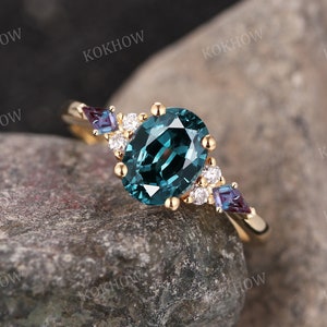 vintage Teal Sapphire Bague de fiançailles Unique Oval Solid 14k Gold ring Blue Green Sapphire Ring Diamond Wedding Promise Ring Anniversaire Anneau