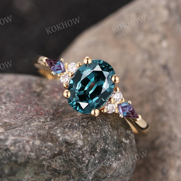 Vintage Teal Sapphire Engagement Ring Unique Oval Solid 14k Gold ring Blue Green Sapphire Ring Diamond Wedding Promise Ring Anniversary Ring