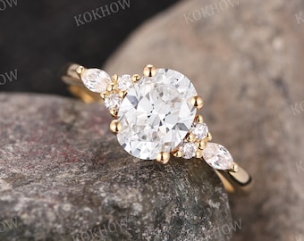 Moissanite engagement ring Oval cut art deco solid gold Ring unique Cluster Marquise diamond wedding ring bridal Promise ring Anniversary