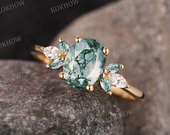 Moss Agate engagement ring Oval unique Rose gold Ring vintage Cluster Marquise diamond moissanite wedding ring Promise ring Anniversary Gift