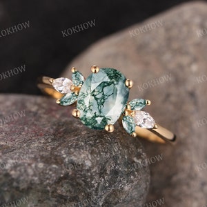 Moss Agate engagement ring Oval unique Rose gold Ring vintage Cluster Marquise diamond moissanite wedding ring Promise ring Anniversary Gift