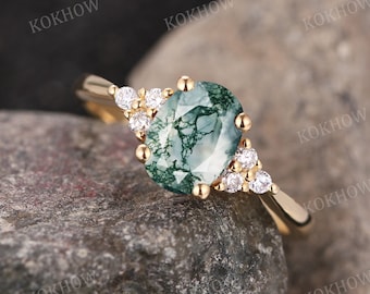 Moss Agate engagement ring vintage Oval 14K gold Ring unique dainty Cluster diamond moissanite wedding ring bridal Promise ring Anniversary